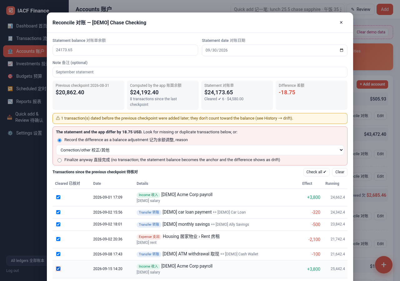 Reconcile dialog for a demo checking account comparing the statement balance with the app's computed balance, showing the difference and a checklist of transactions since the last checkpoint.