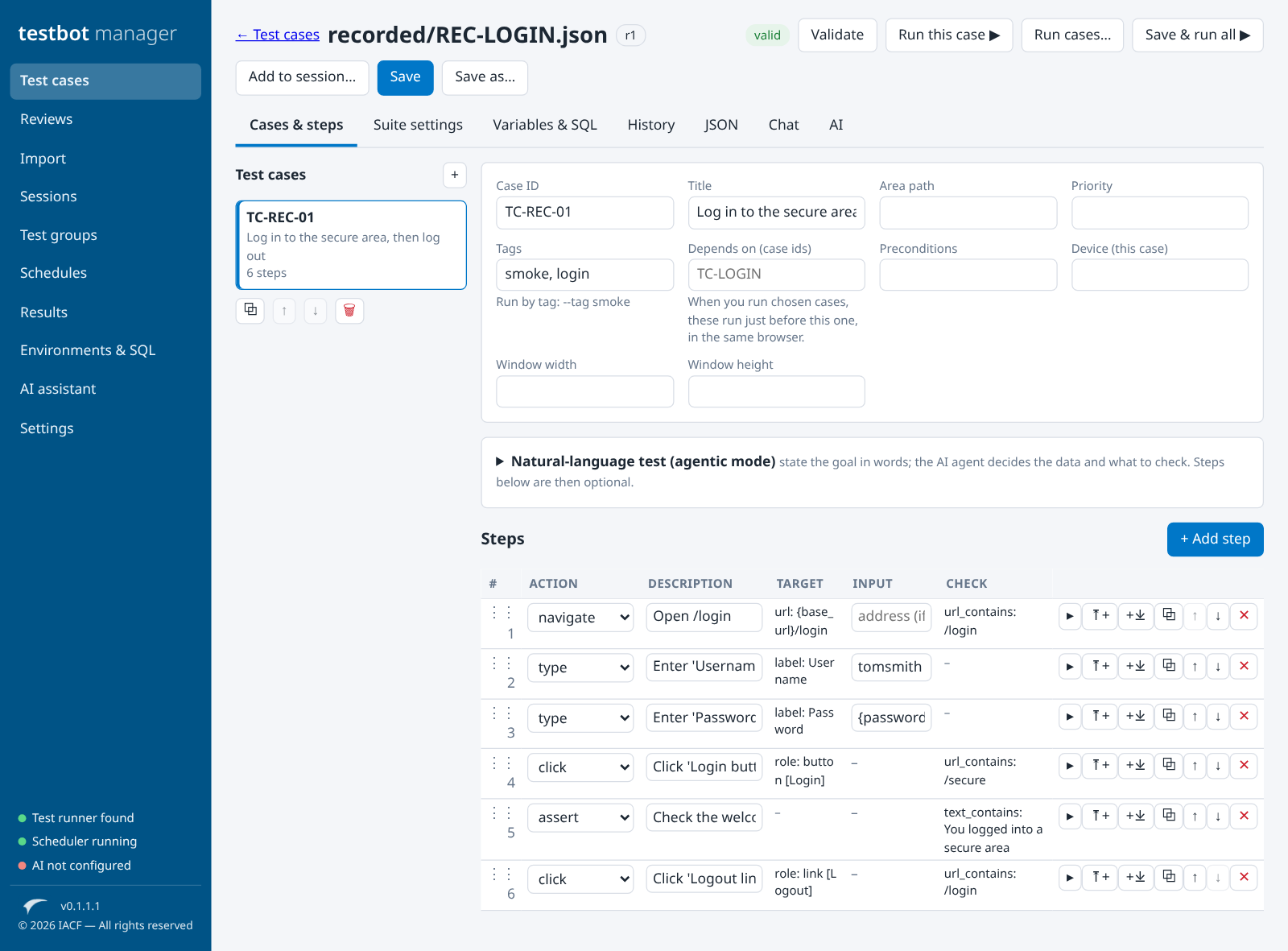 A recorded test case open in the testbot manager editor