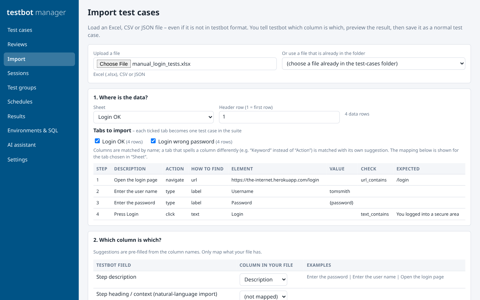 Import page mapping the columns of a manual test spreadsheet