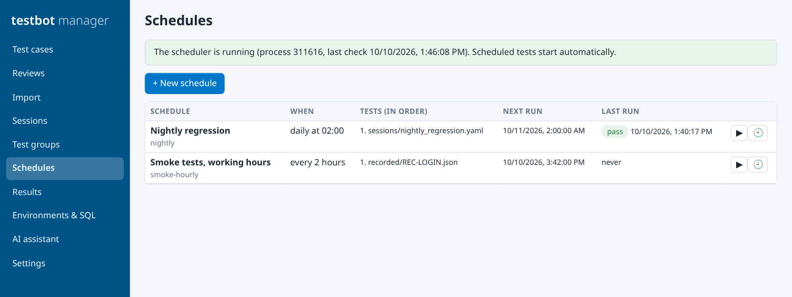 Schedules page with a nightly regression and a smoke-test schedule