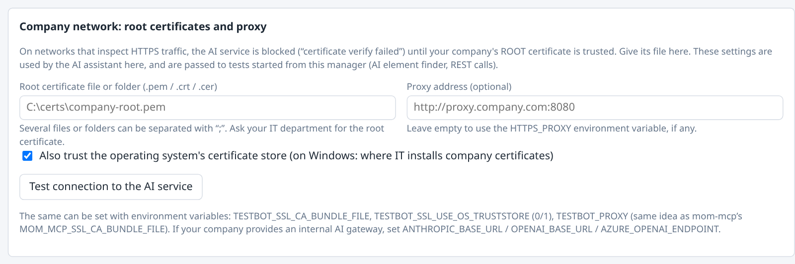 Settings: company root certificates and proxy